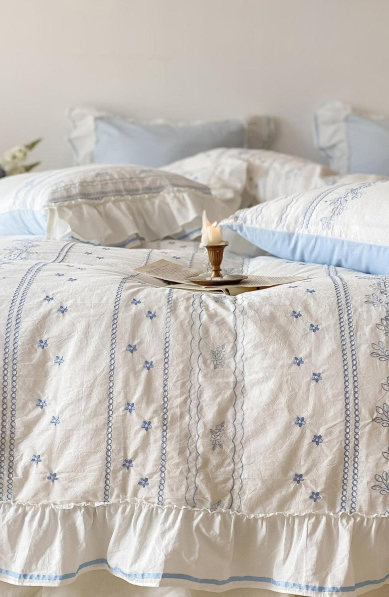 Ever Lasting Embroidered French Lace Ruffle Duvet Cover, Alternate, color, Blue