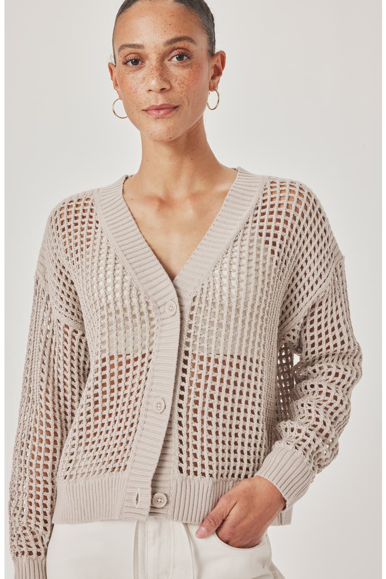 Camellia Openwork V-Neck Cotton Blend Cardigan, Alternate, color, FAWN BEIGE