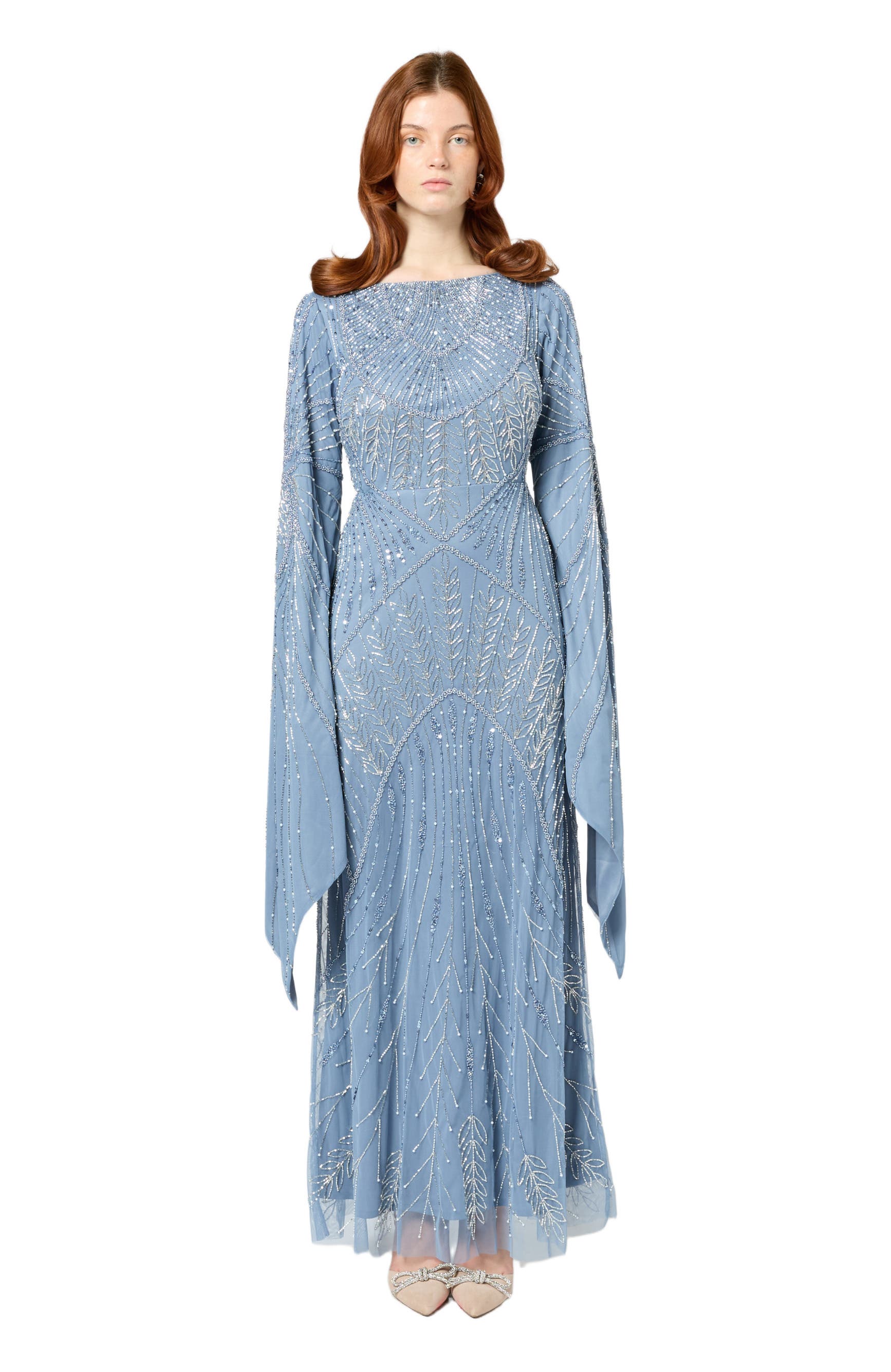 MARYISA Modest Embellished Sequin Beaded Maxi Dress With Long Sleeves in Powder Blue 