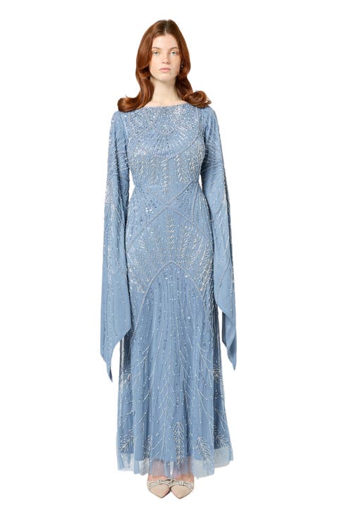 Modest Embellished Sequin Beaded Maxi Dress With Long Sleeves