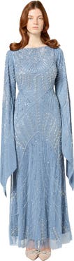 MARYISA Modest Embellished Sequin Beaded Maxi Dress With Long Sleeves