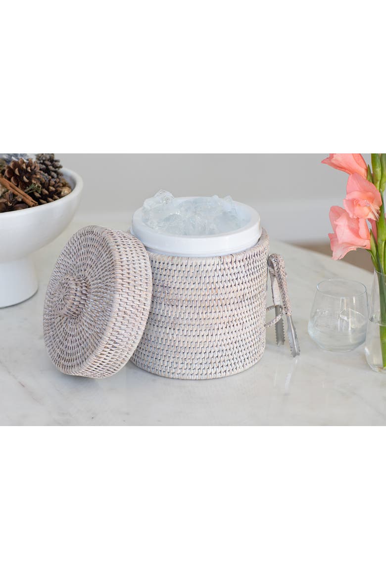 Rattan Ice Bucket with Tongs, Alternate, color, White Wash