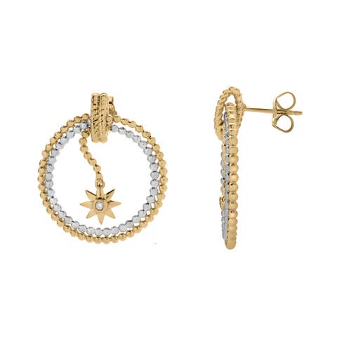 Celestira Sterling Silver 0.02 Ct Two-Tone Diamond Star Hoop Earrings