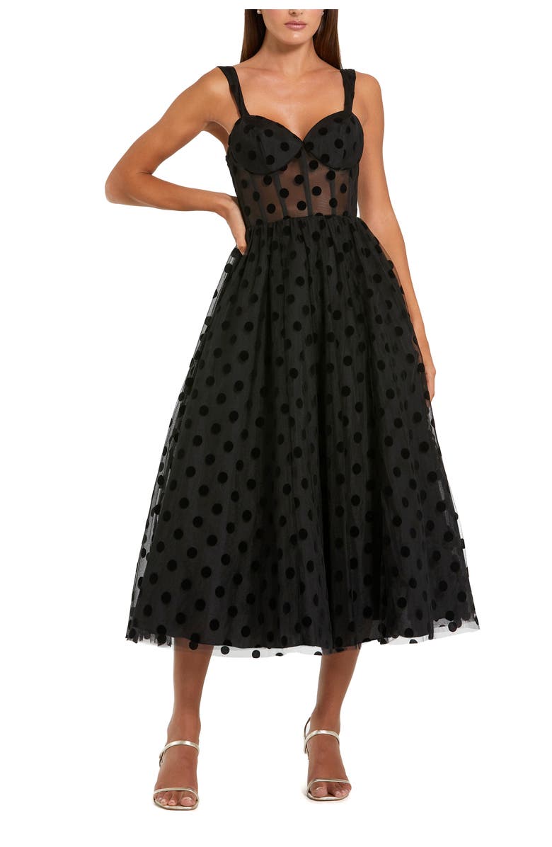 Mac Duggal Petite Polka Dot Net Bustier A-Line Midi Dress, Main, color, Black