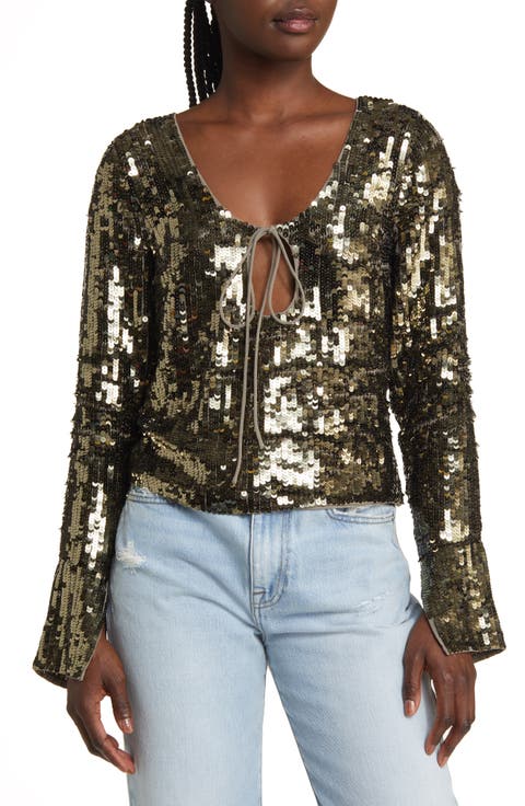 Tie Detail Long Sleeve Sequin Top