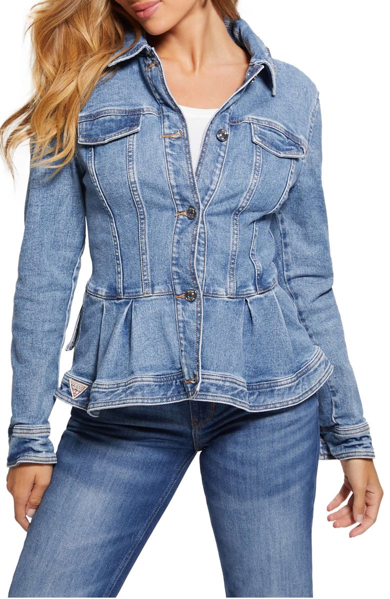 GUESS Peplum Denim Jacket, Main, color, 