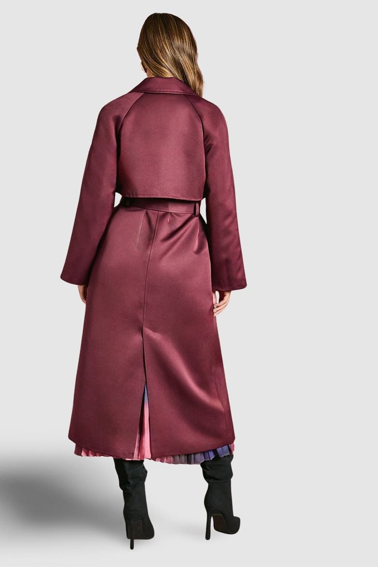 Satin Occasion Belted Trench Coat, Alternate, color, Malbec