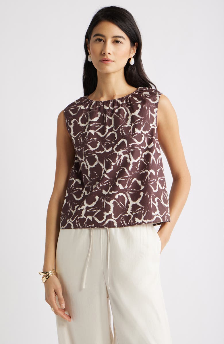 Nordstrom Floral Gathered Neck Poplin Sleeveless Top, Main, color, Brown Floating Ginko