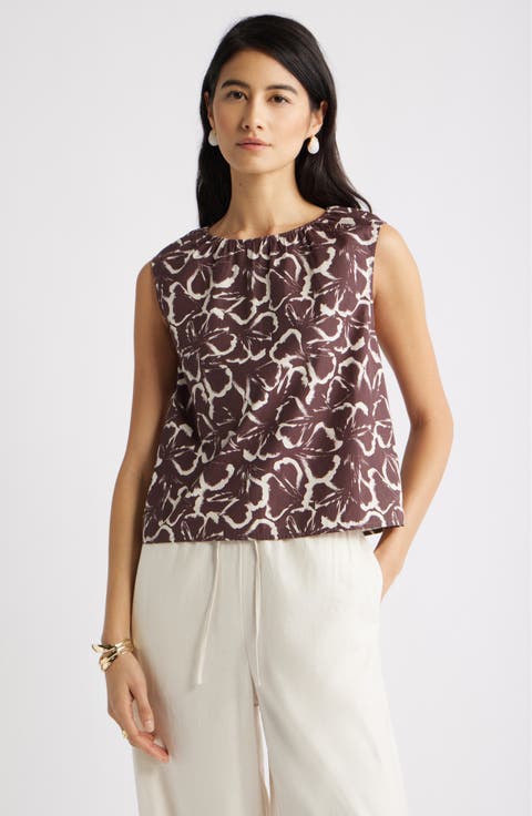 Floral Gathered Neck Poplin Sleeveless Top