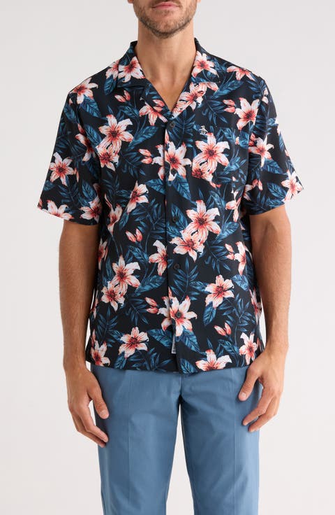 Hibiscus Print Seersucker Camp Shirt