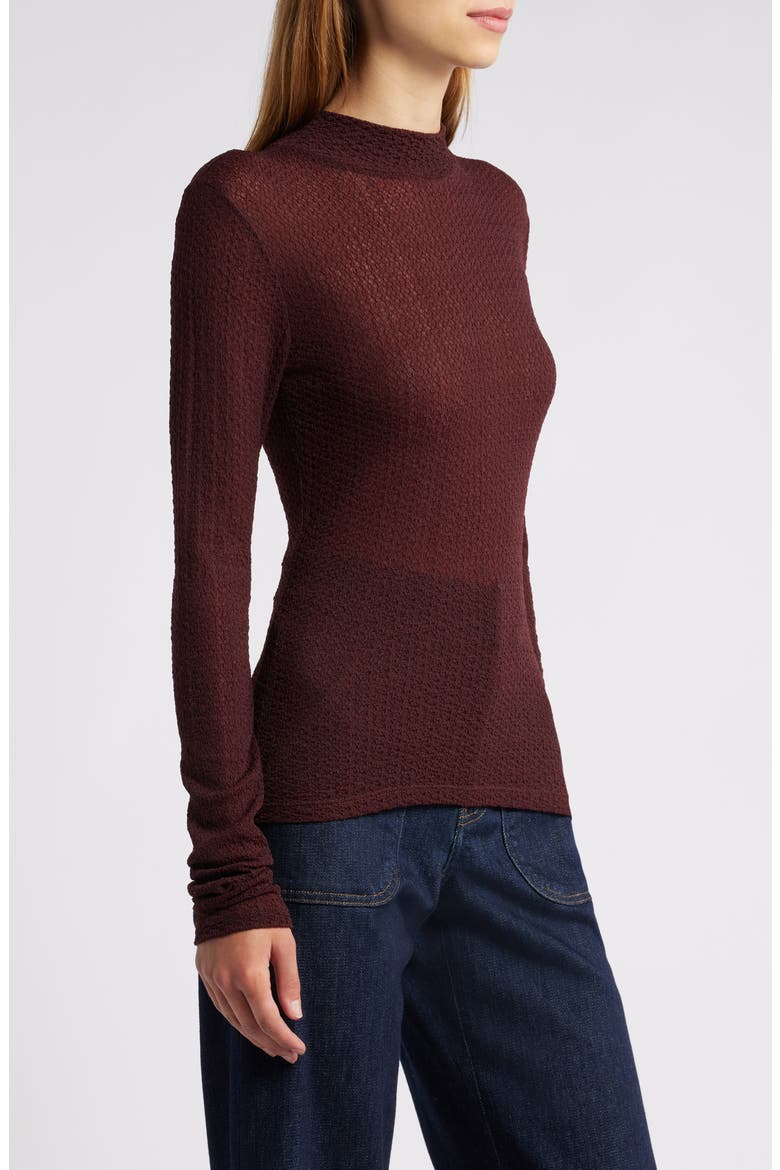 Lace Mesh Mock Neck Top, Alternate, color, DEEP BURGUNDY