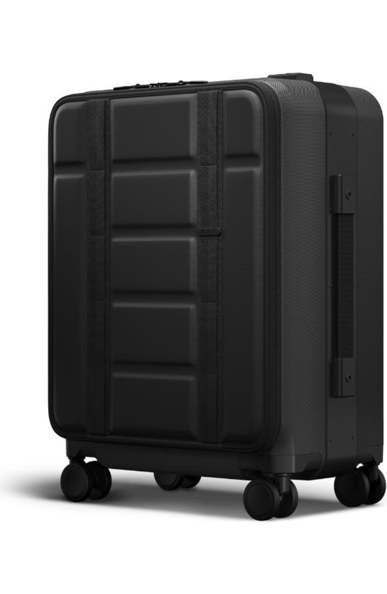 D_b_ Ramverk Pro Hardside 21 Inch Carry On Luggage Spinner with Buckle Closure and Zipper Front Access Pocket, Main, color, Black Out