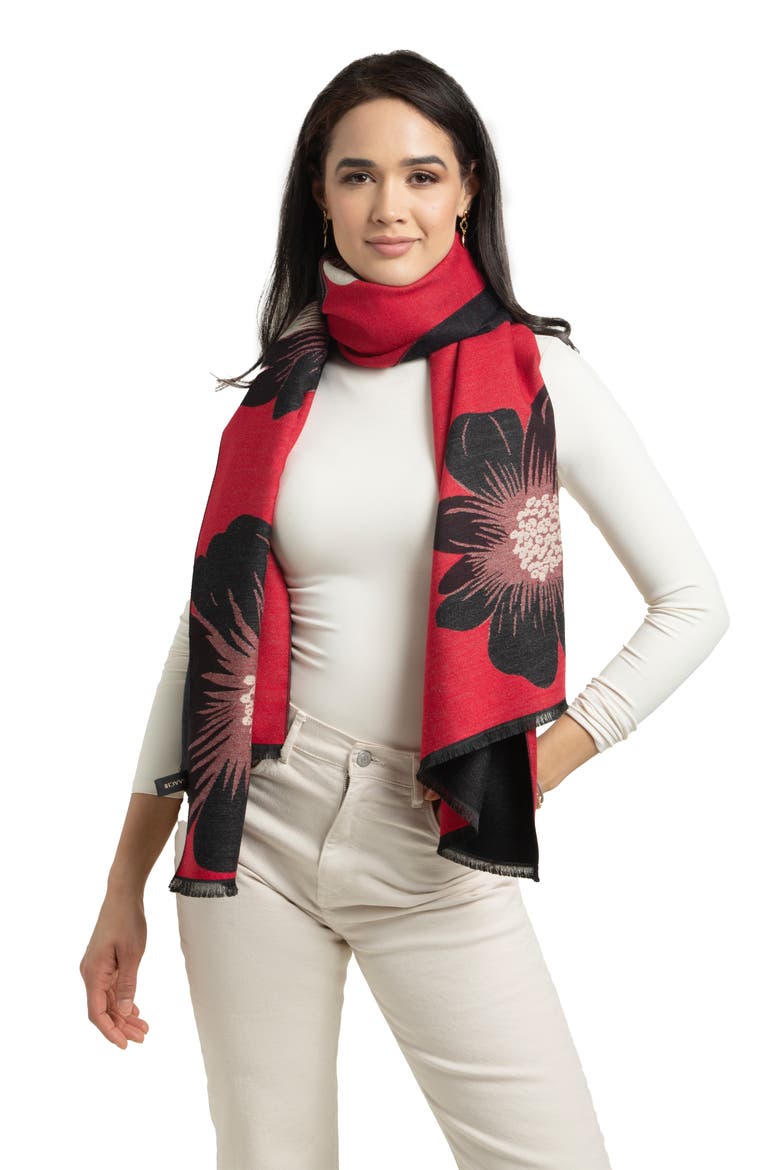 Floral Print Reversible Scarf, Alternate, color, RED
