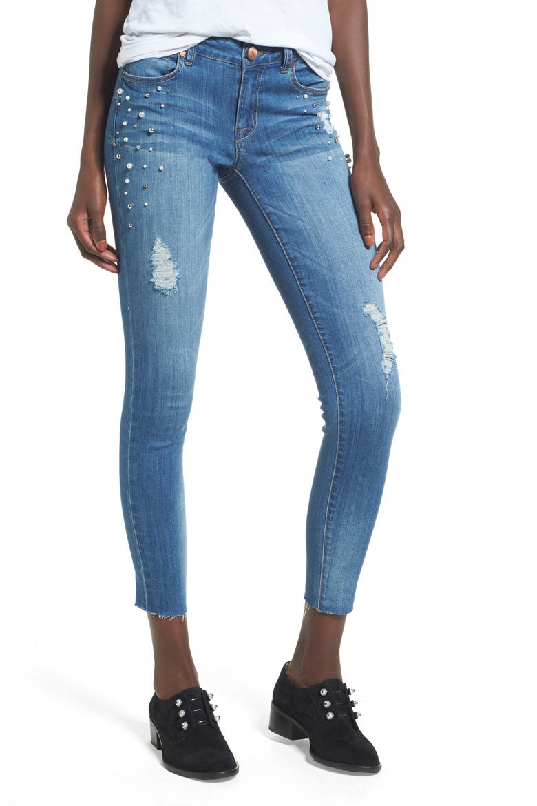 Pearl Detail Skinny Jeans, Main, color, SALLY BLUE