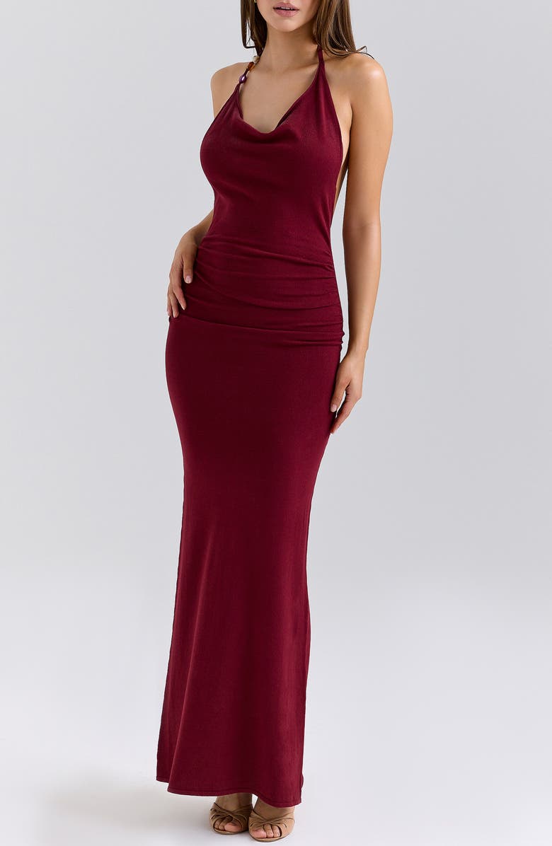 HOUSE OF CB Thalina Drape Halter Gown, Alternate, color, Winetasting