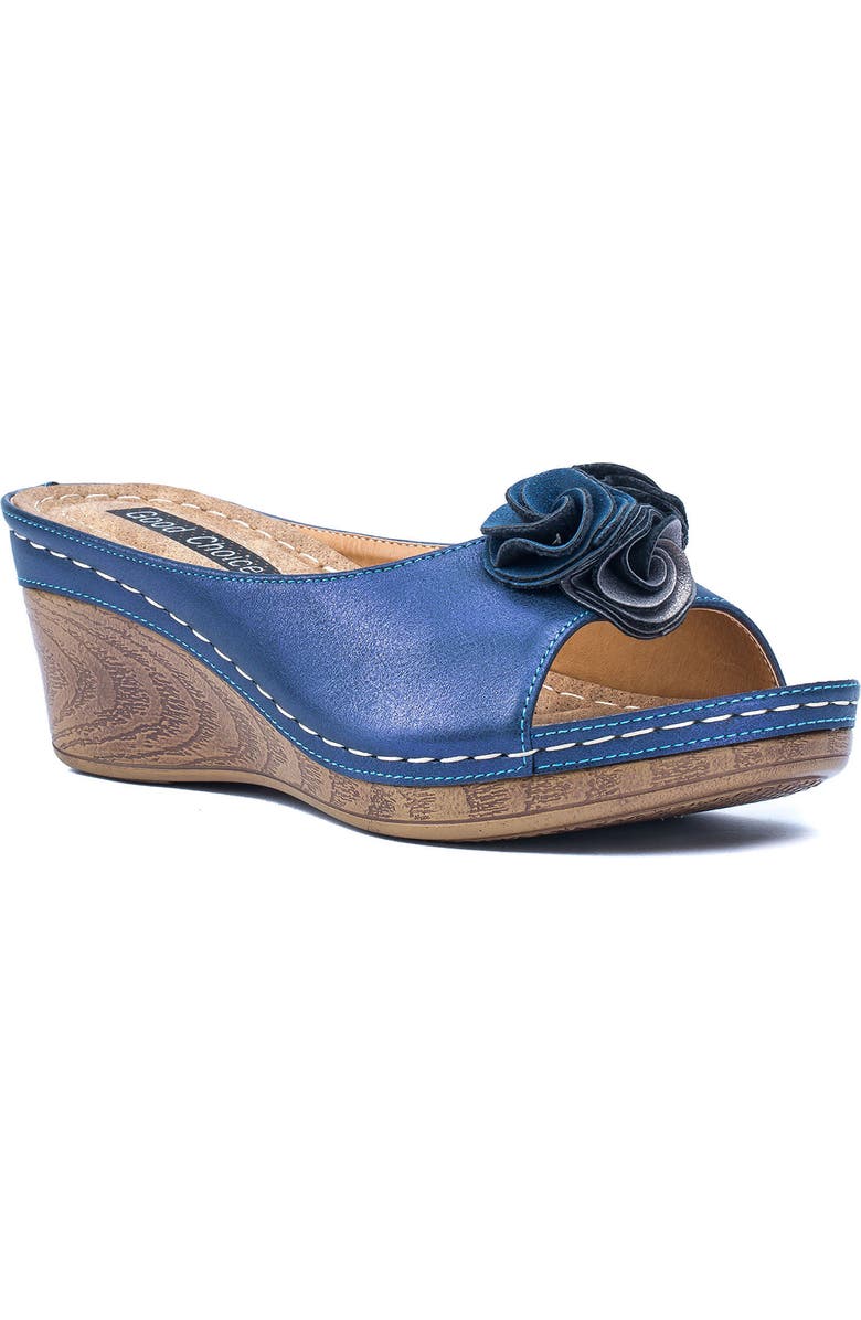 GOOD CHOICE NEW YORK Sydney Floral Platform Wedge Sandal, Main, color, Navy
