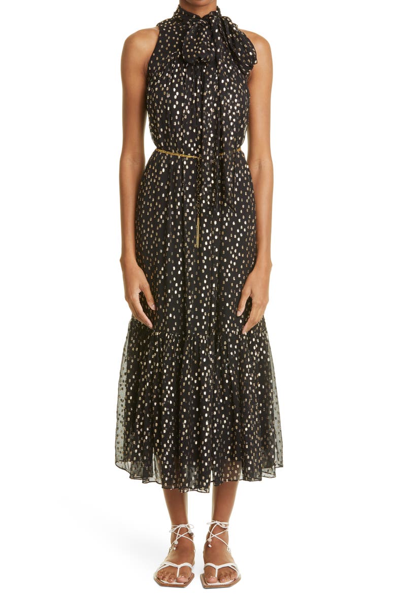 Tie Neck Silk Fil Coupé Midi Dress, Main, color, BLACK