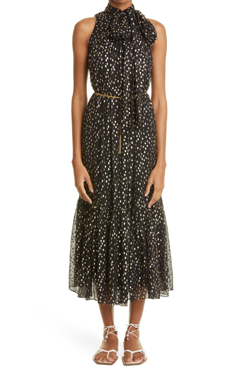 Zimmermann Tie Neck Silk Fil Coupé Midi Dress, Main, color, 