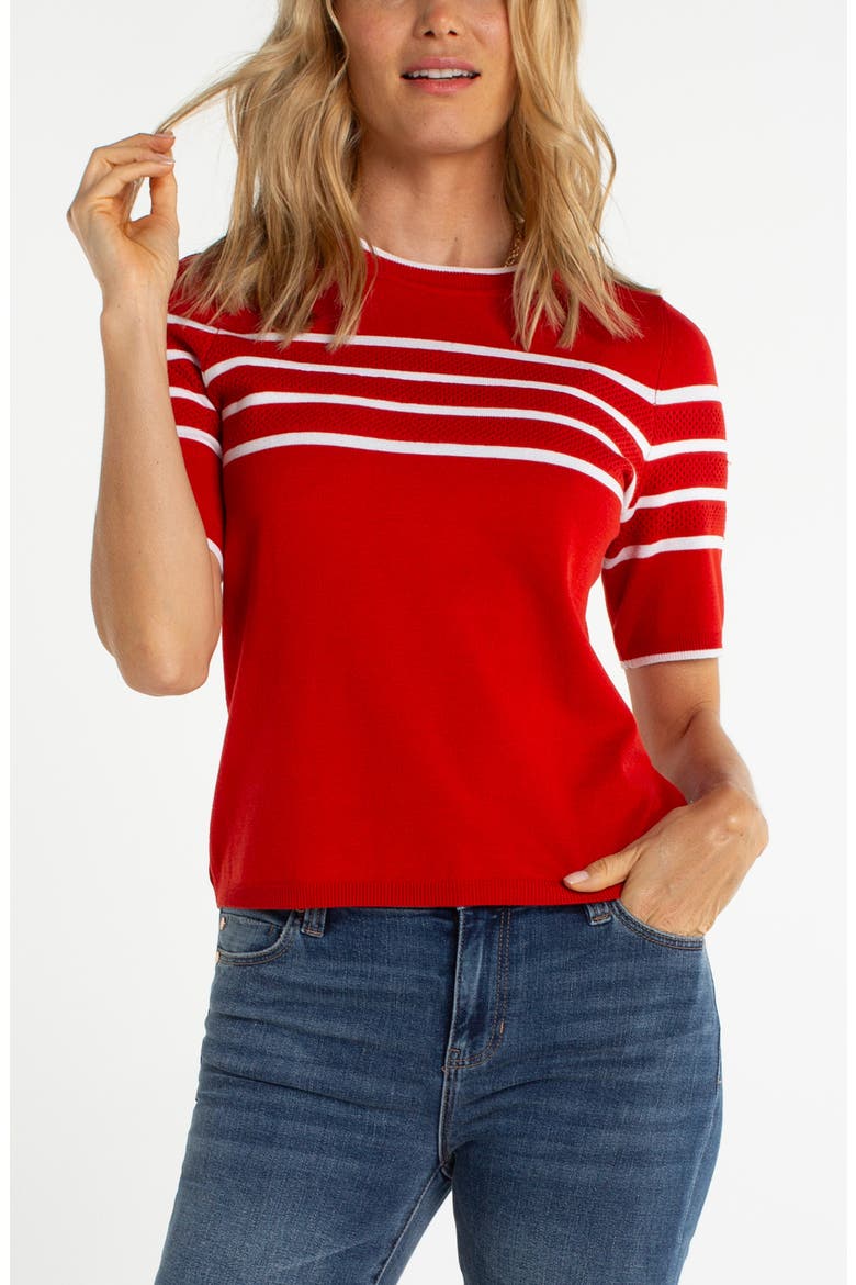 Stripe Short Sleeve Sweater, Main, color, FIRE BRICK/ WHITE STP