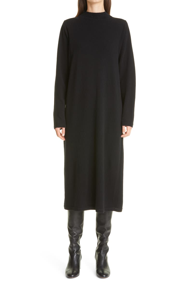 Sparkle Long Sleeve Wool & Cashmere Midi Dress, Main, color, BLACK