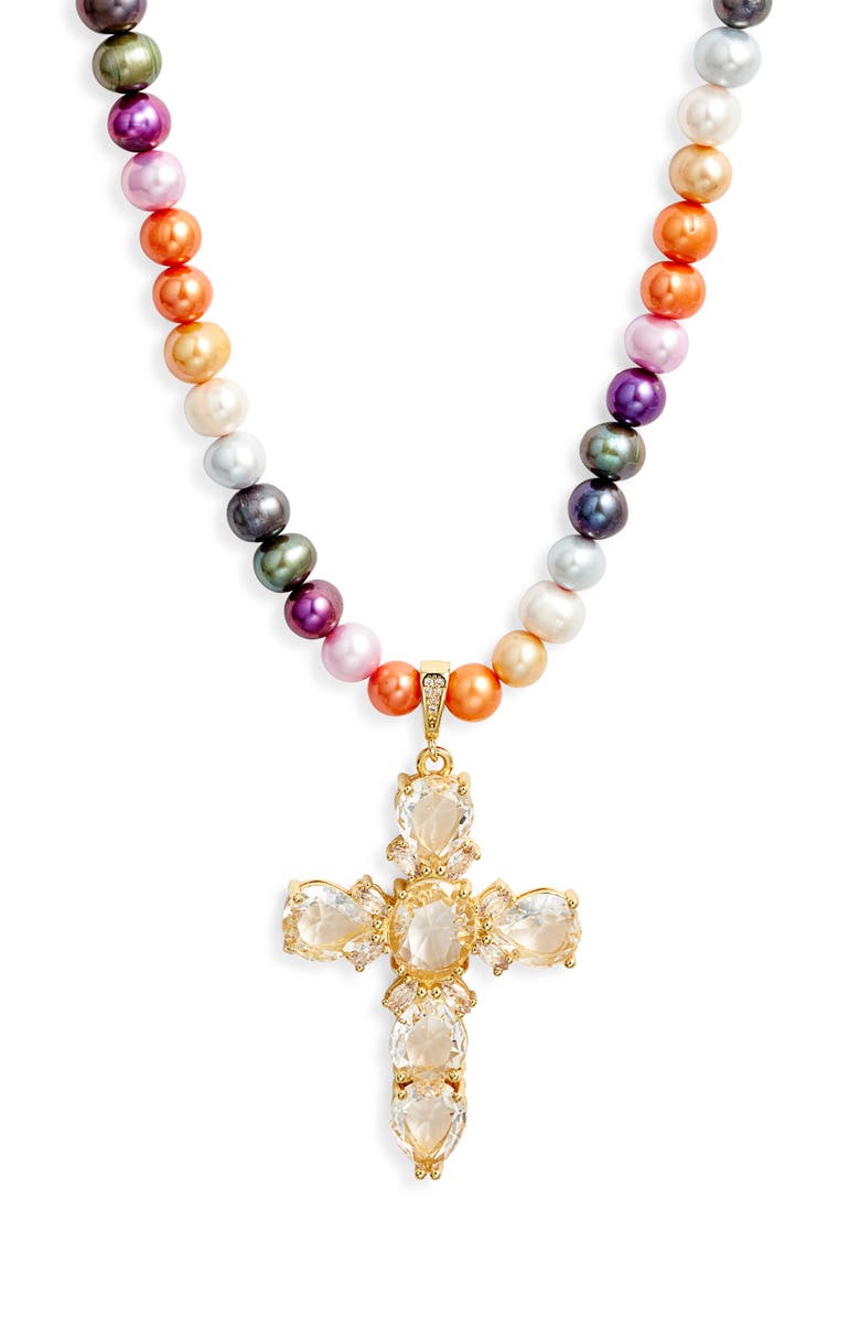 VIDAKUSH Cross Pendant Pearl Necklace, Main, color, Gold