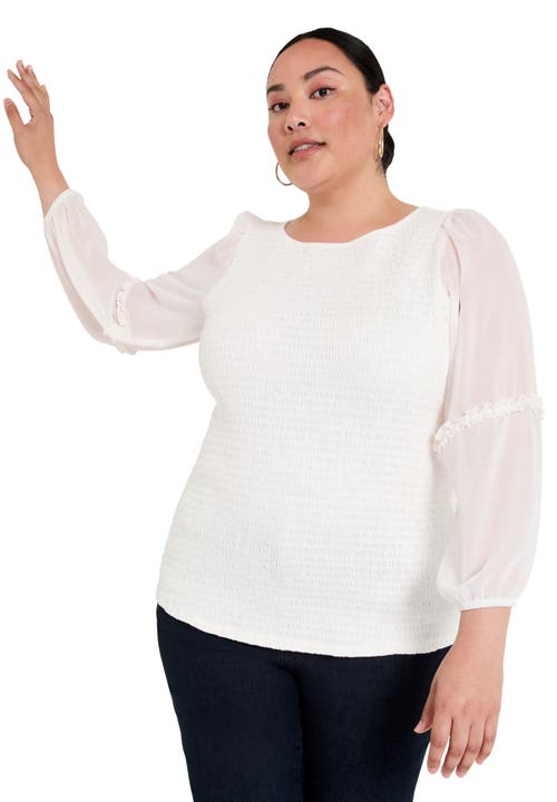 June + Vie Puff-sleeve Smocked Blouse In White
