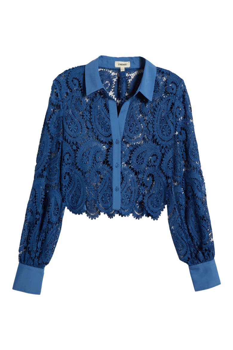Odelia Lace Crop Button-Up Shirt, Alternate, color, BAY BLUE