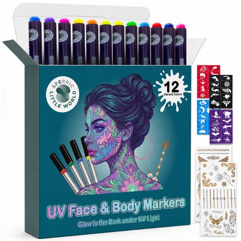 Glow in the Dark UV Face Paint Markers, 12 Piece Neon Color UV Blacklight Glow in the Dark Face & Body Paint Marker for Birthdays & Halloween