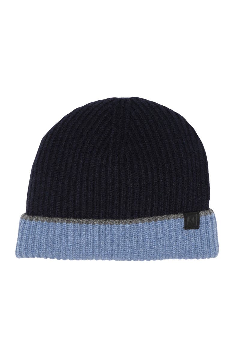 Bruno Magli Cashmere Colorblock Ribbed Knit Beanie, Main, color, Navy Dark Navy