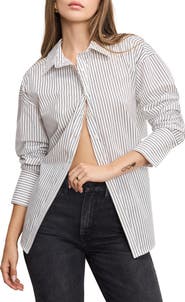 Good American Stripe Stretch Cotton Poplin Button-Up Shirt