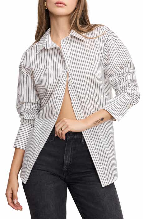 Good American Stripe Stretch Cotton Poplin Button-Up Shirt