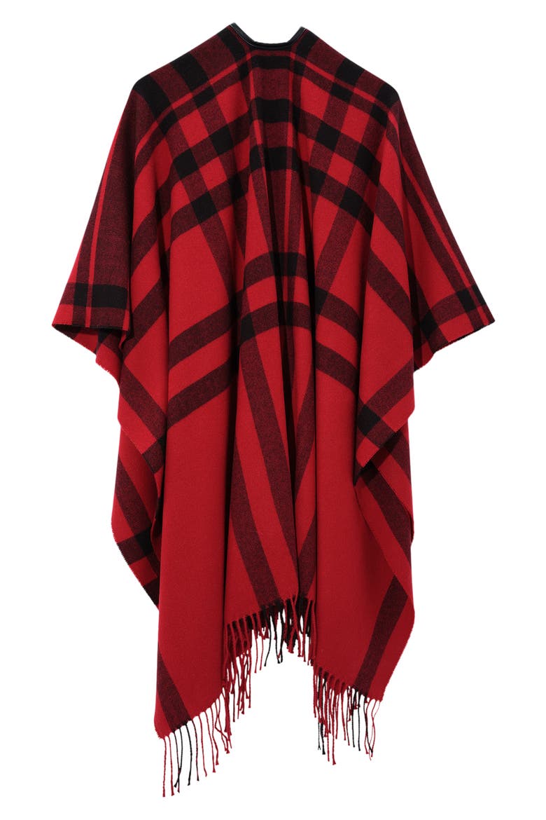 Plaid Ruana with Fringe, Alternate, color, RED/ BLACK