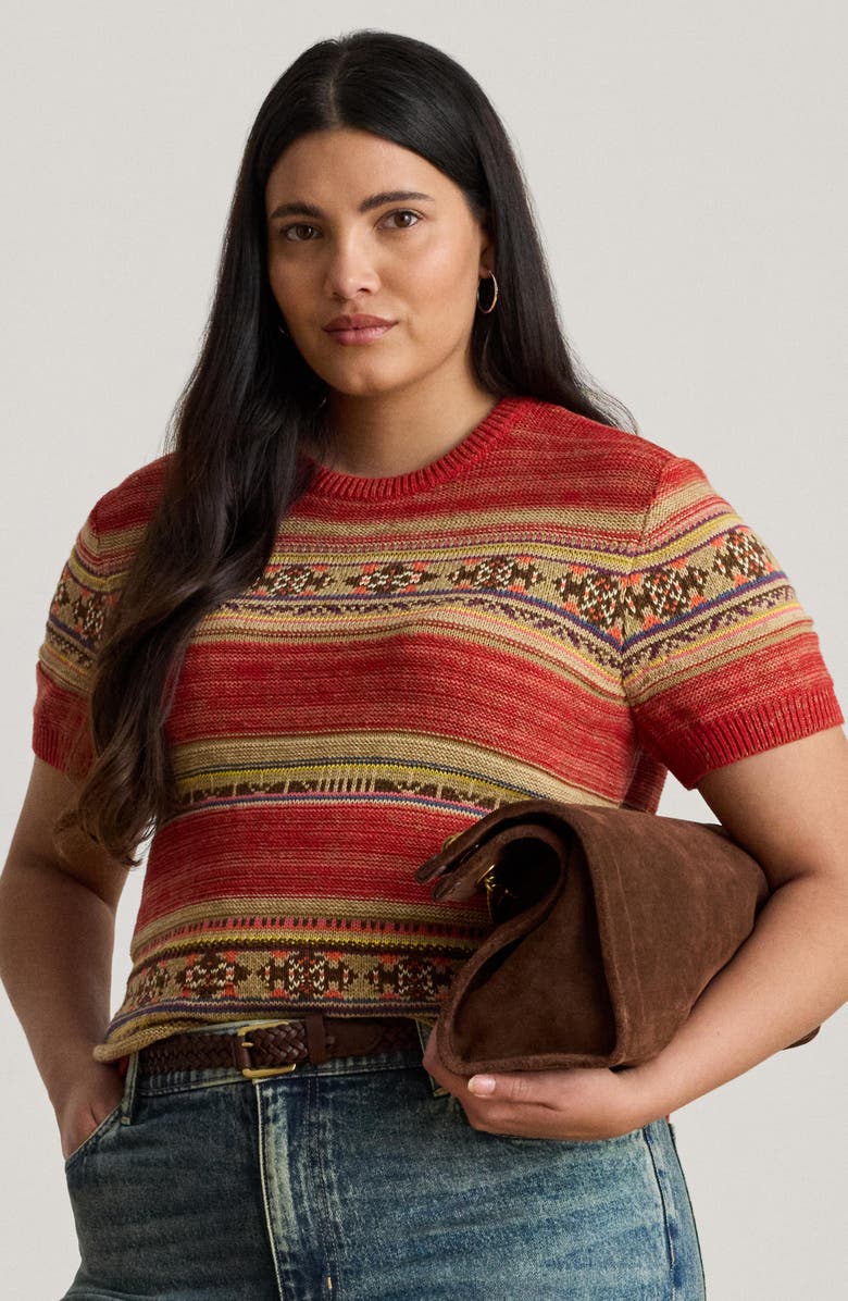 Lauren Ralph Lauren Geo Stripe Short Sleeve Cotton & Linen Sweater, Alternate, color,