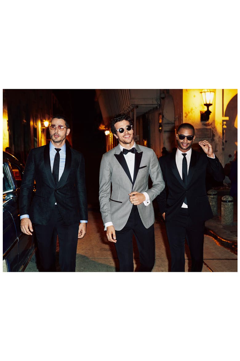 Slim Fit Flat Front Wool Tuxedo Trousers, Alternate, color, BLACK