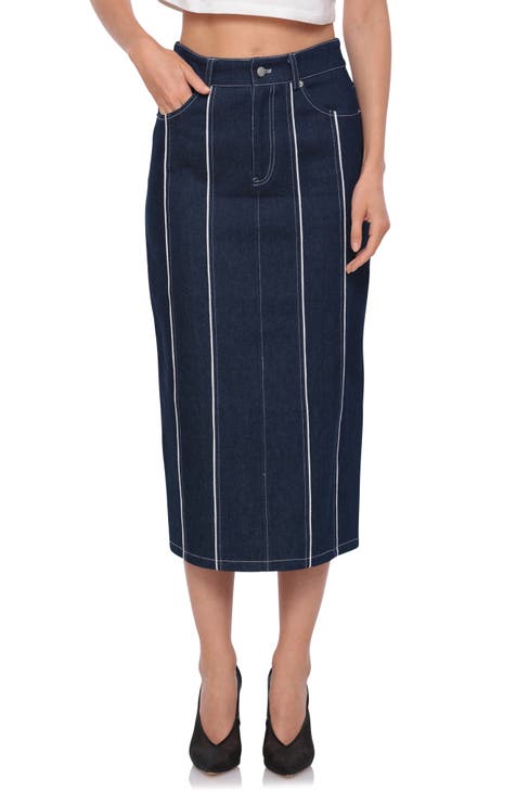 Piped Denim Midi Skirt