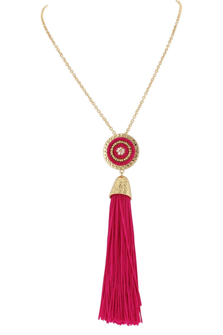 Gold Plated Circle Beaded Tassel Necklace, Main, color, GOLD / FUCHSIA