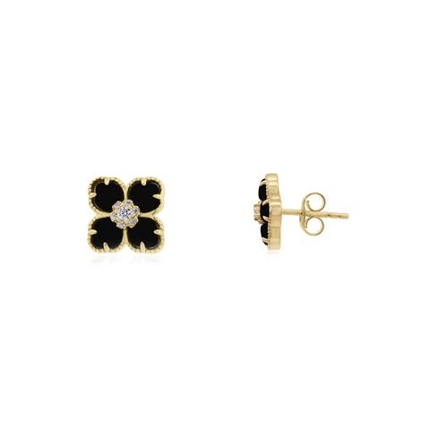 Onyx CZ Flower Stud Earrings