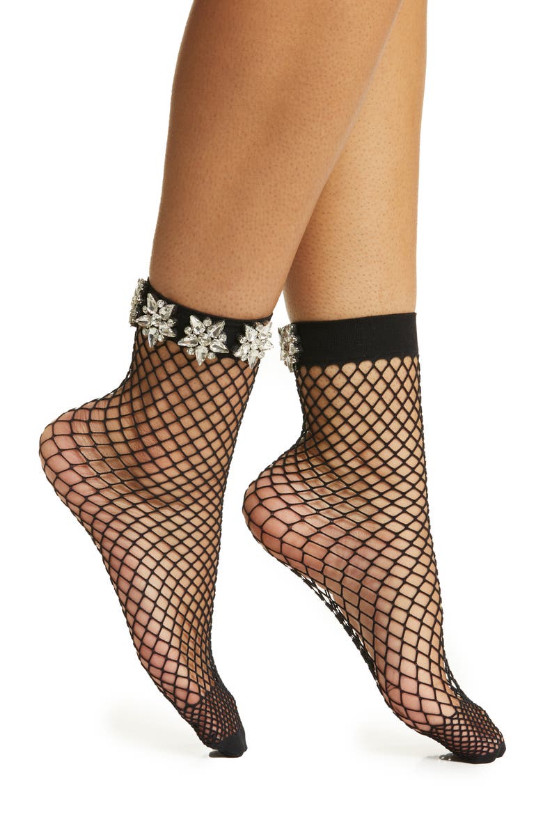Crystal Couture Fishnet Crew Socks, Main, color, BLACK