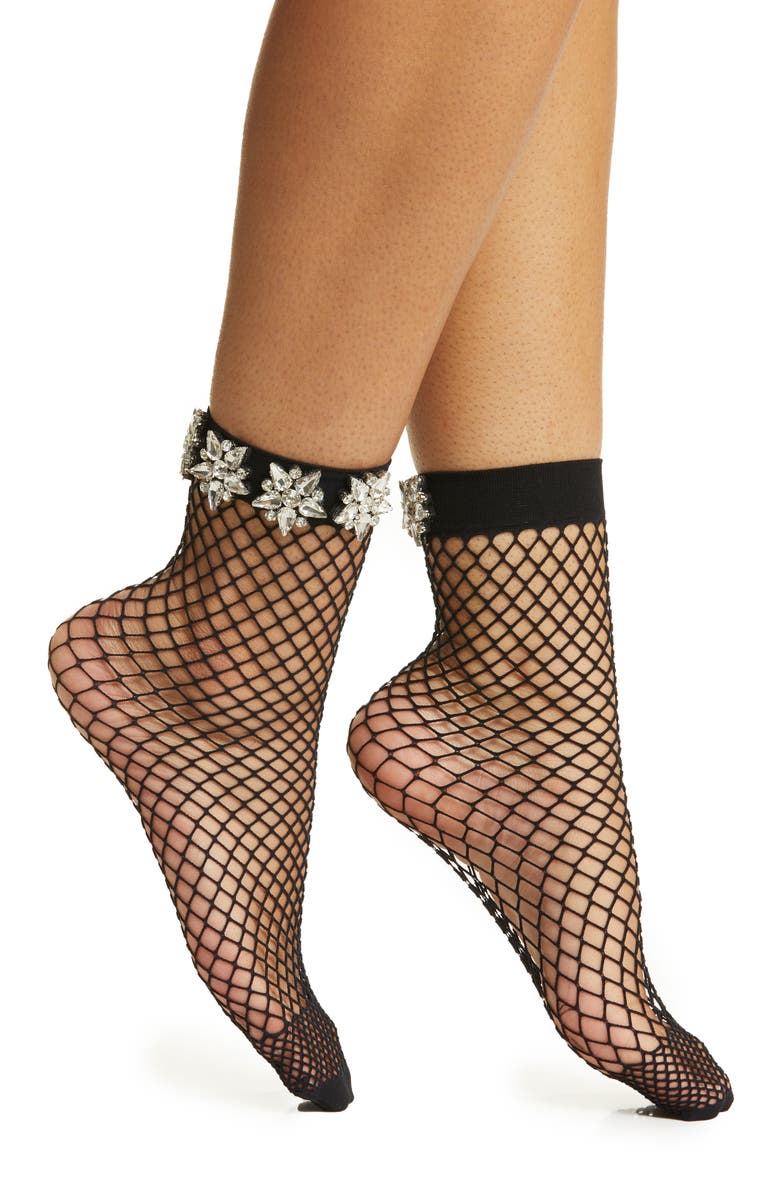 HIGH HEEL JUNGLE Crystal Couture Fishnet Crew Socks, Main, color, Black