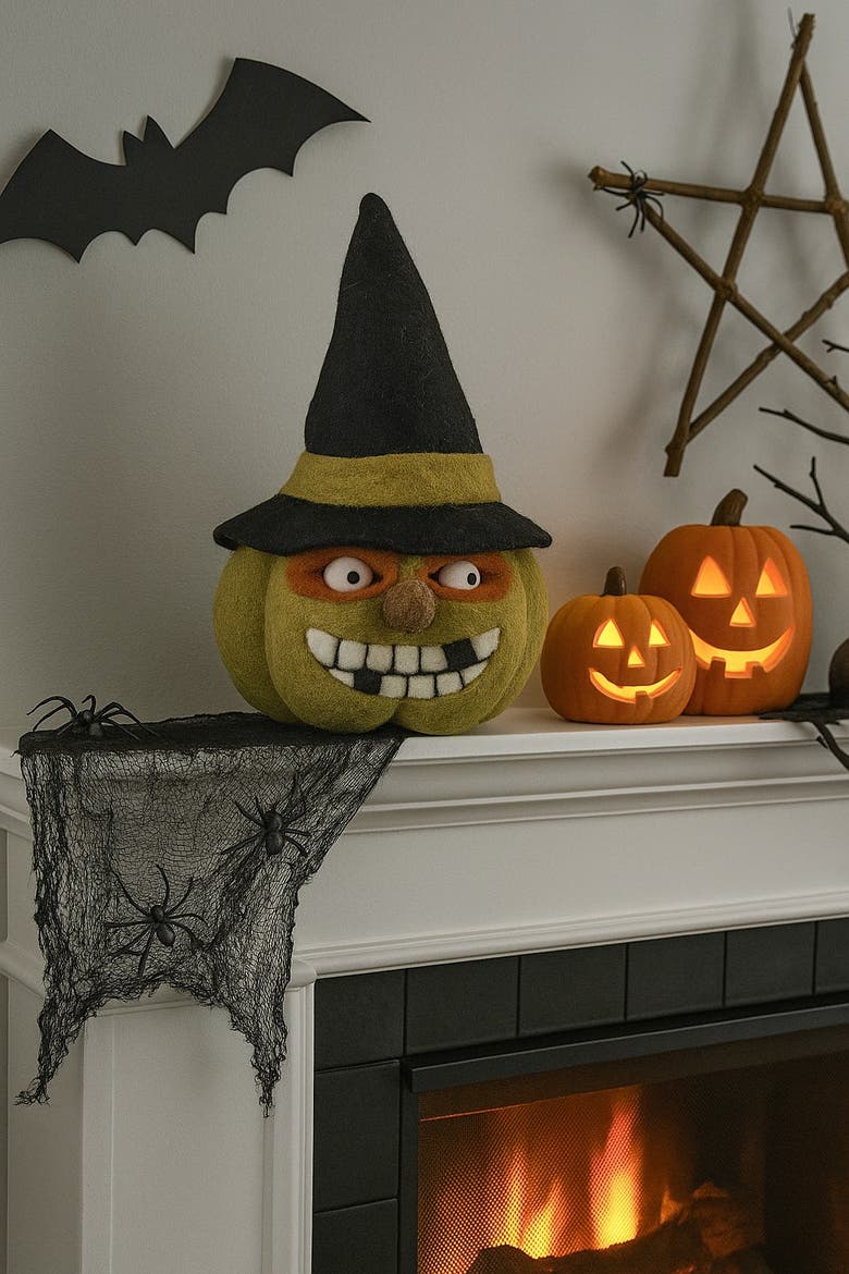 Wooly Ugly Face Jack O' Lantern Pumpkin Halloween Figurine 7" x 10", Alternate, color, Green