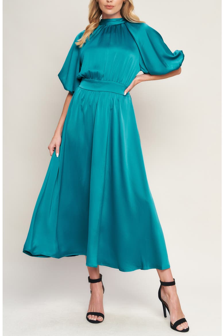 Mock Neck Open Back Midi Dress, Alternate, color, TURQUOISE