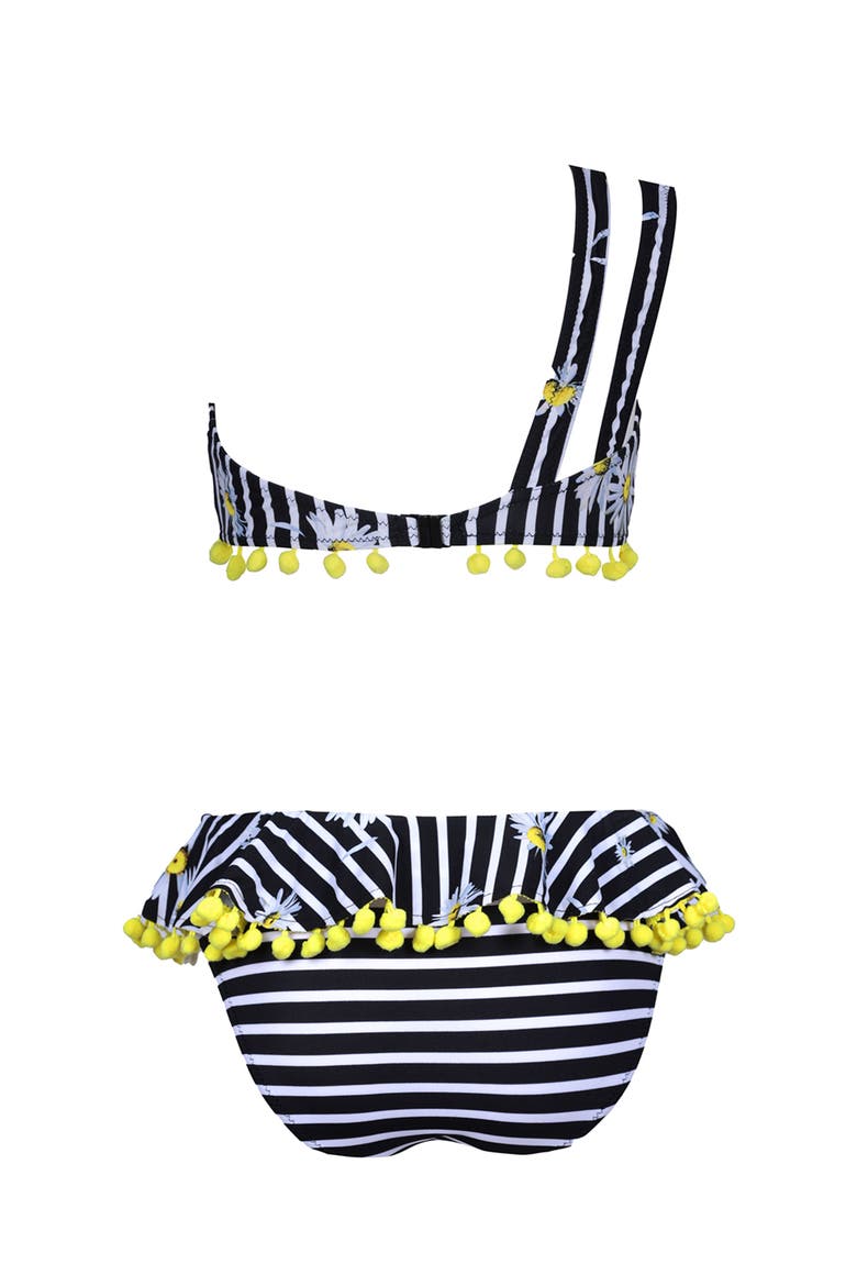 Kids' Double Straps Daisy Print Pom-Pom Detail Two Piece Bikini, Alternate, color, White-Black