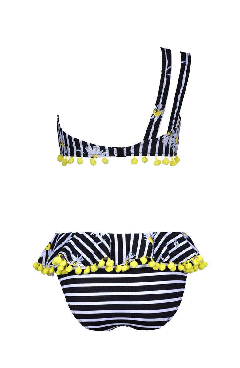 NESSI BYRD Kids' Double Straps Daisy Print Pom-Pom Detail Two Piece Bikini, Alternate, color, White-Black