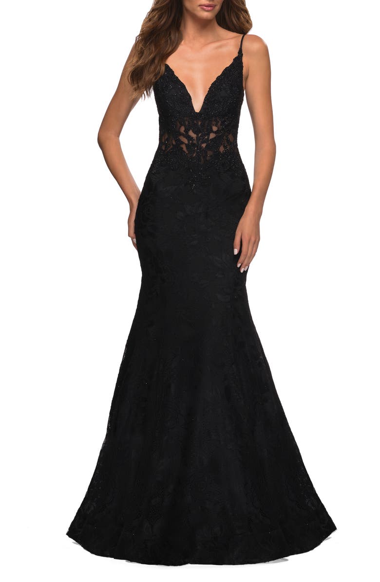 La Femme Lace Mermaid Gown, Main, color, 