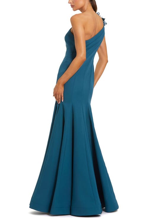 Mac Duggal Crepe One Shoulder Evening Gown With 3d Flower Details In Animal Print