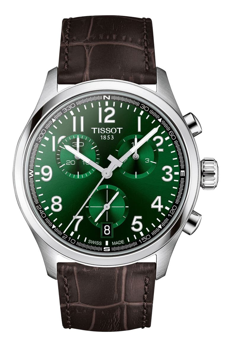 Chrono L Croc-Embossed Leather Strap Watch, 42mm, Main, color, GREEN