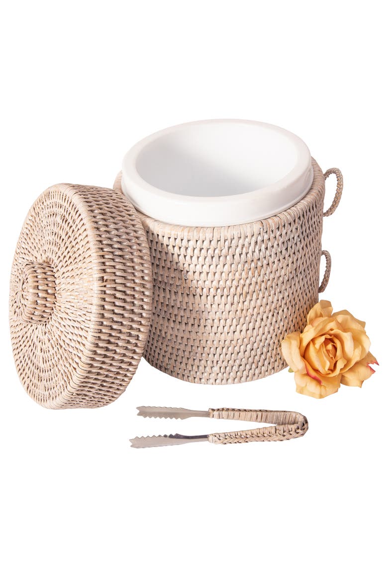 Rattan Ice Bucket with Tongs, Alternate, color, White Wash