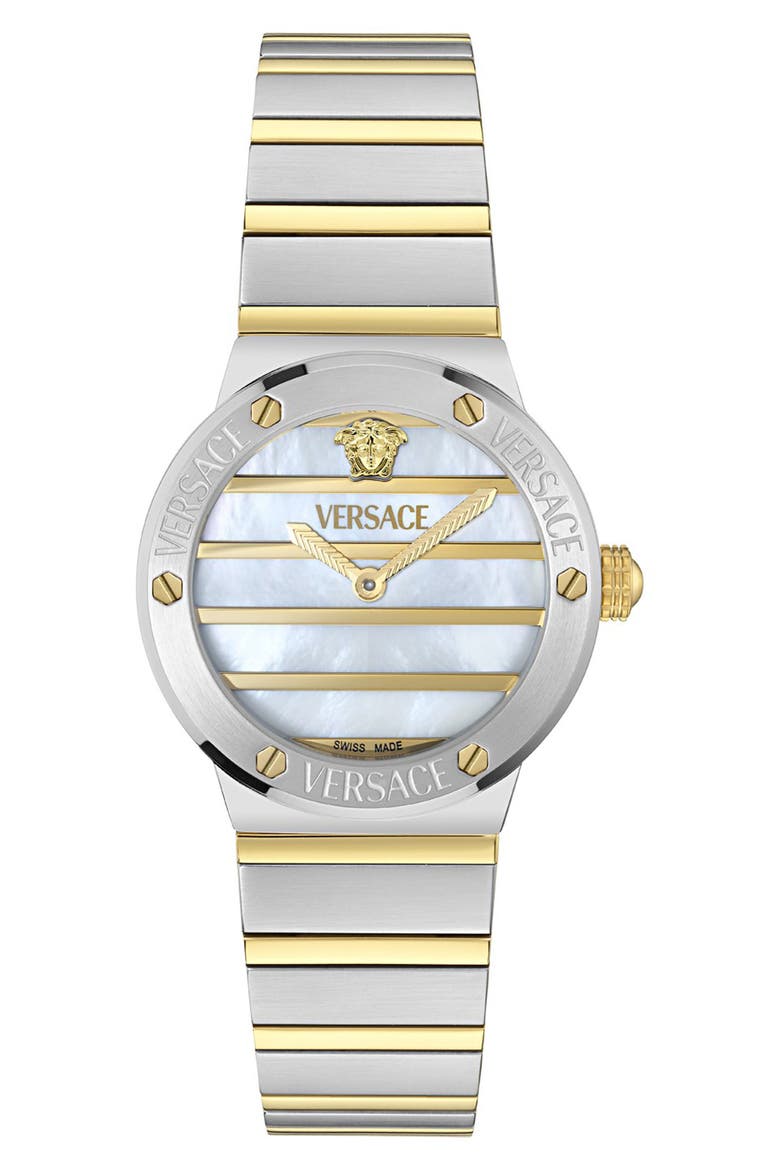 Greca Logo Mother-of-Pearl Bracelet Watch, 33mm, Main, color, WHITE/ TWO TONE