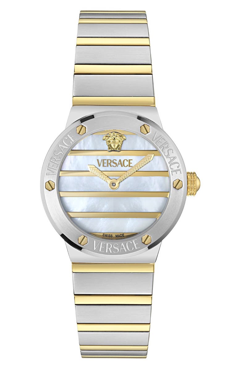 Versace Greca Logo Mother-of-Pearl Bracelet Watch, 33mm, Main, color, White/ Two Tone