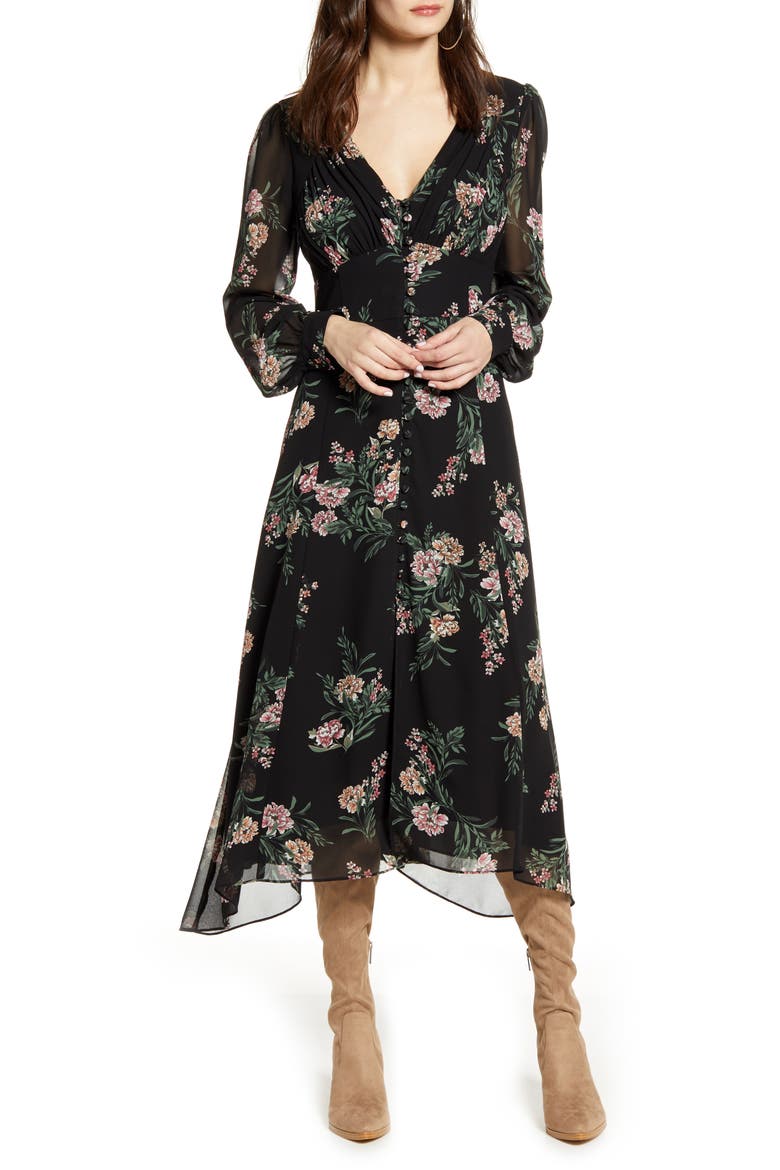 Floral Long Sleeve Midi Dress, Main, color, BLACK/ MAUVE MULTI FLORAL